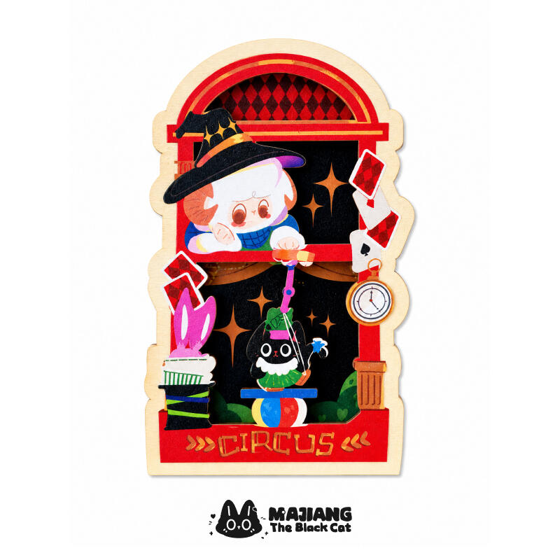 Red A-Mie design: A-Mie the little sheep in a magician's hat, peering out of a red CIRCUS window