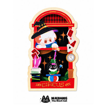 Red A-Mie design: A-Mie the little sheep in a magician's hat, peering out of a red CIRCUS window