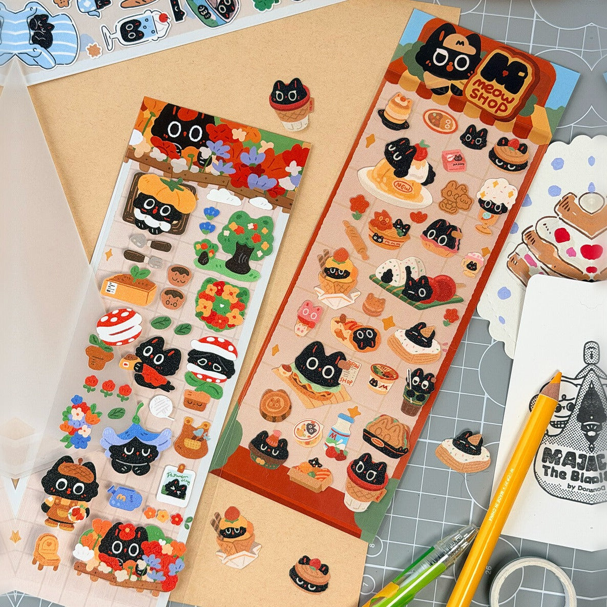 Majiang the Black Cat sticker sheets, Garden and Bakery designs