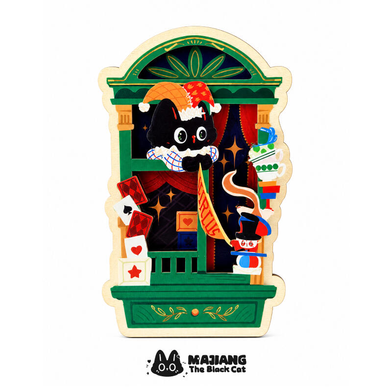 Green Majiang design: Majiang the black cat in a jester's cap, leaning out of a green circus window